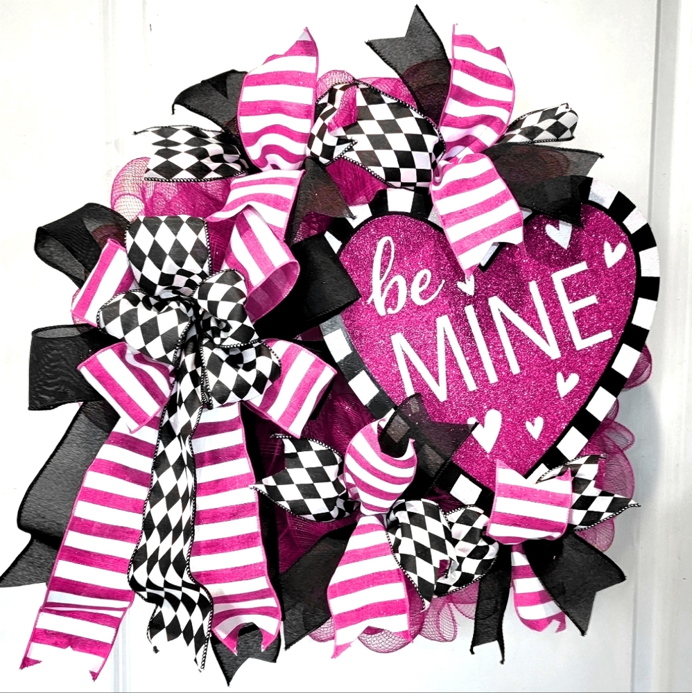 Be Mine Wreath Deco Mesh Bows Magent & Black Engagement Wedding Anniversary